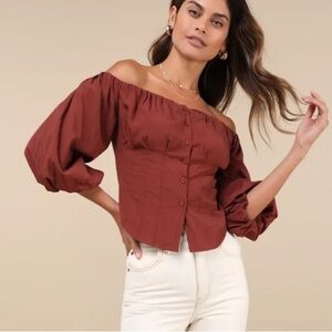 NWT Lulus Delighted Approach Brown Off Shoulder Puff Sleeve Peasant Blouse